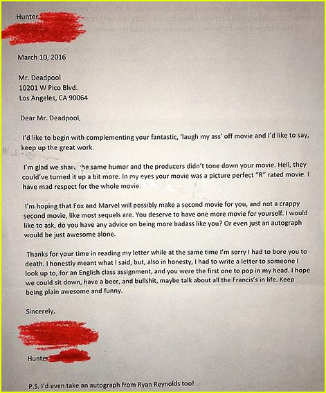 Ryan Reynolds fan letter