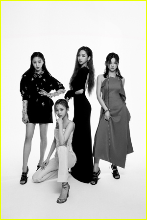 K-pop girl group Aespa pose in black and white