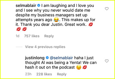 Selma Blair and Justin Long comments on Instagram