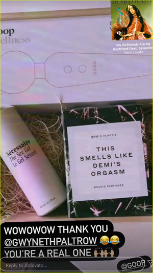 Demi Lovato displays a vibrator and candle in a box set