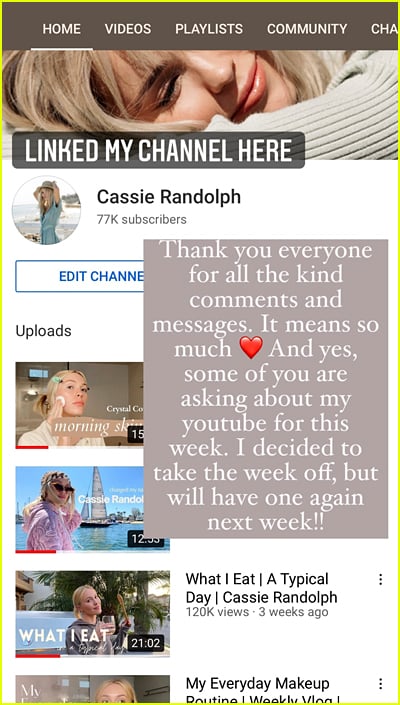 Cassie Randolph message to fans on Instagram