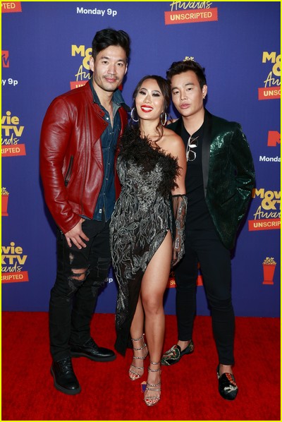 Kevin Kreider, Kelly Mi Li, and Kane Lim on red carpet at the MTV Movie and TV Awards Unscripted