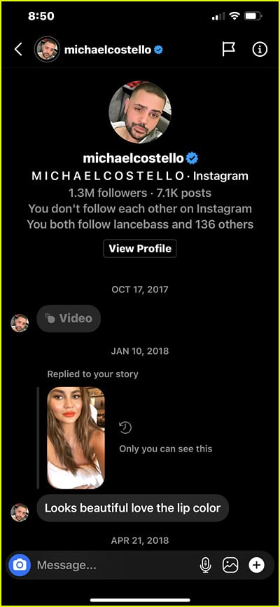 Chrissy Teigen screenshot of DMs from Michael Costello