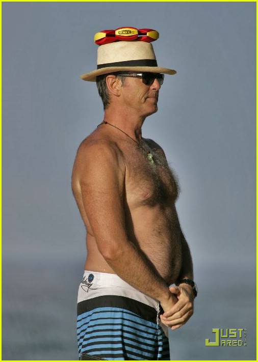Pierce Brosnan is Shirtless, Wife in Bikini.
