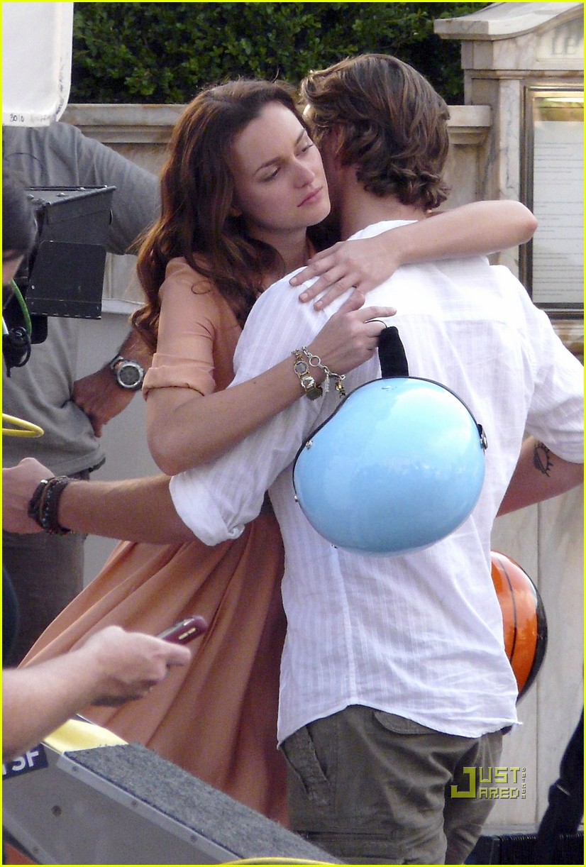 Leighton Meester and Luke Bracey share a passionate kiss on the set of thei...