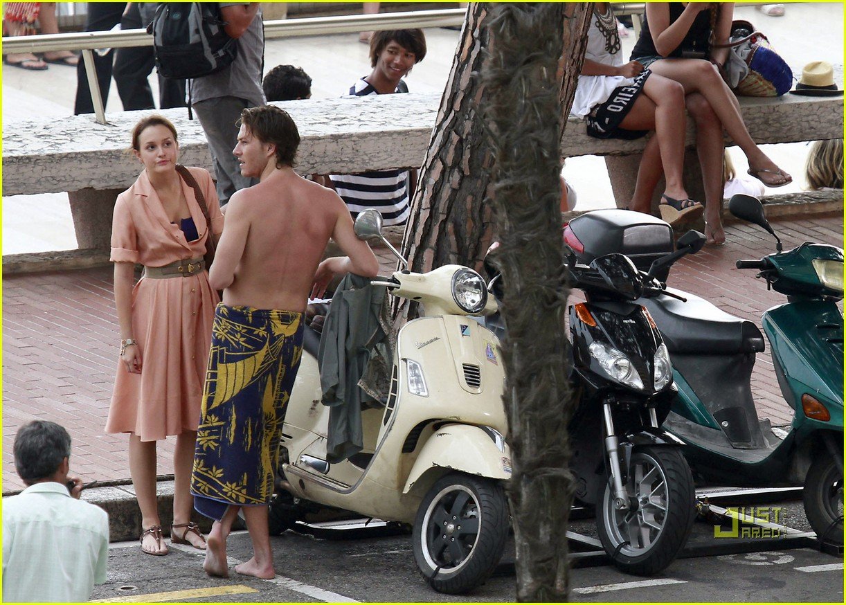 Leighton Meester and Aussie actor Luke Bracey share a laugh as they shoot n...