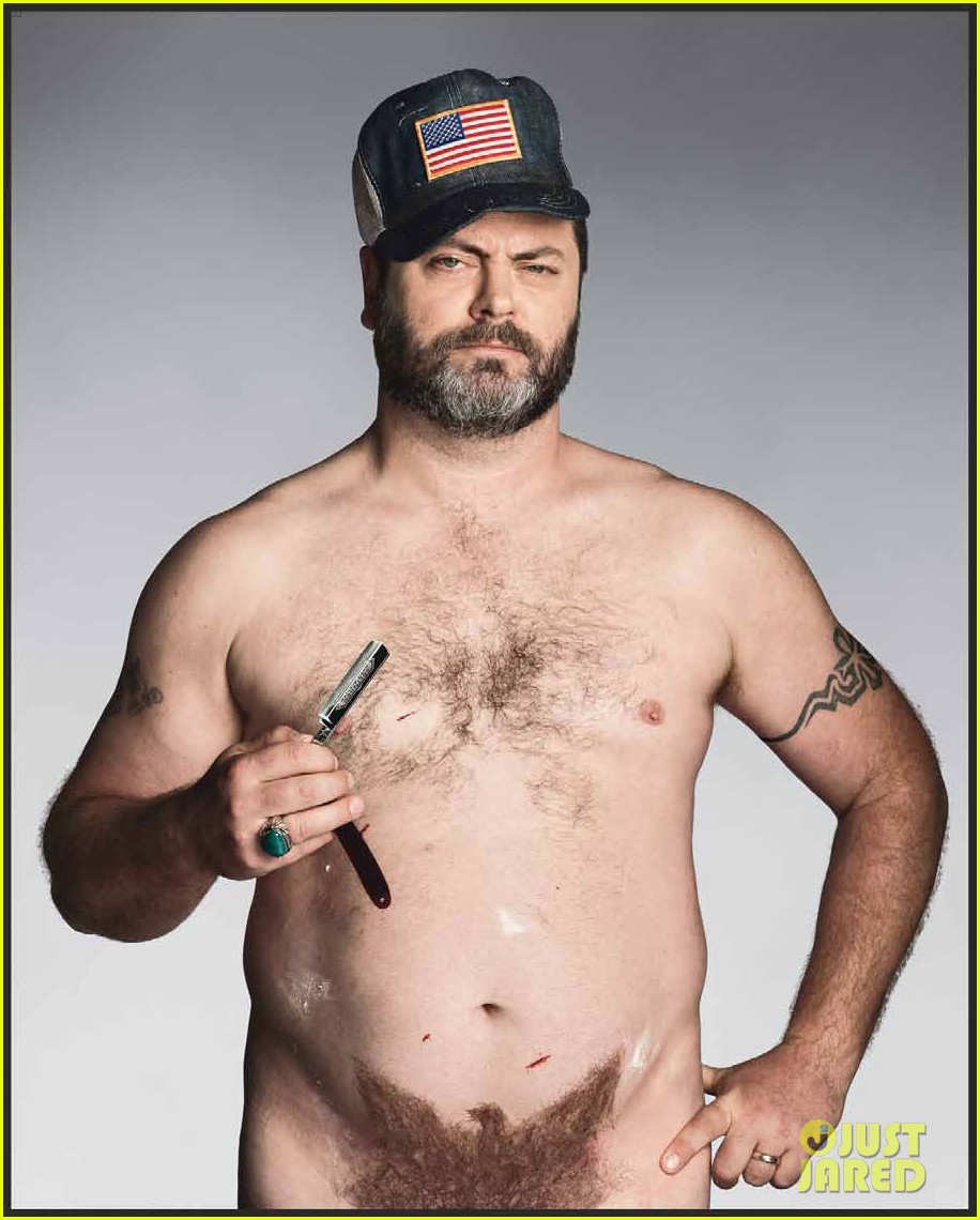 Nick Offerman goes shirtless for a feature in GQ's July issue, on news...