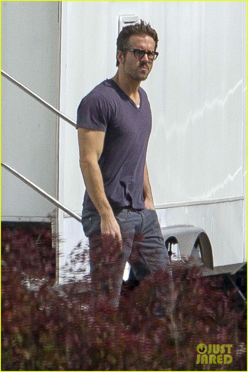 Ryan Reynolds shows off his bulging muscles in a tight