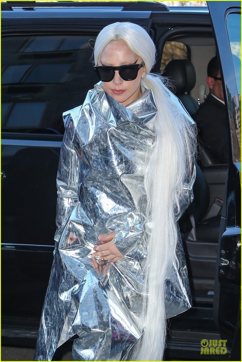lady gaga shines in silver foil outfit 023078009