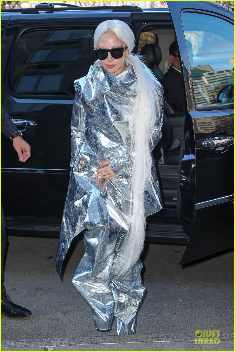 lady gaga shines in silver foil outfit 063078013