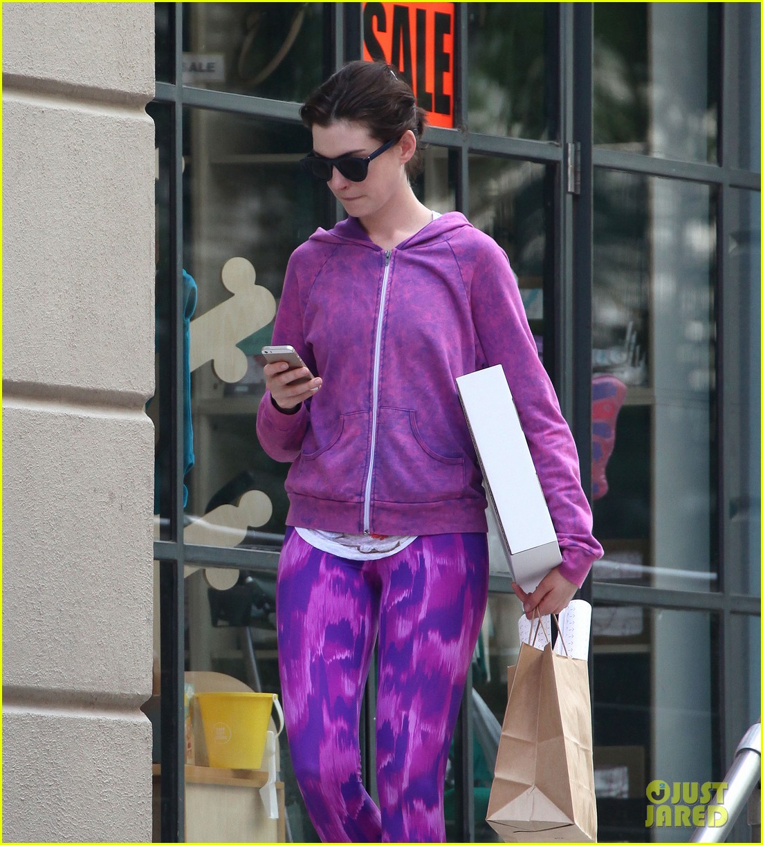 Anne Hathaway Steps Out in Totally HeadtoToe Purple Outfit Photo