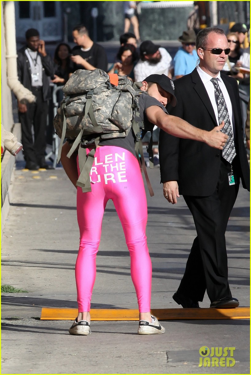 Shia LaBeouf wears a pair of hot pink running tights while heading into the...