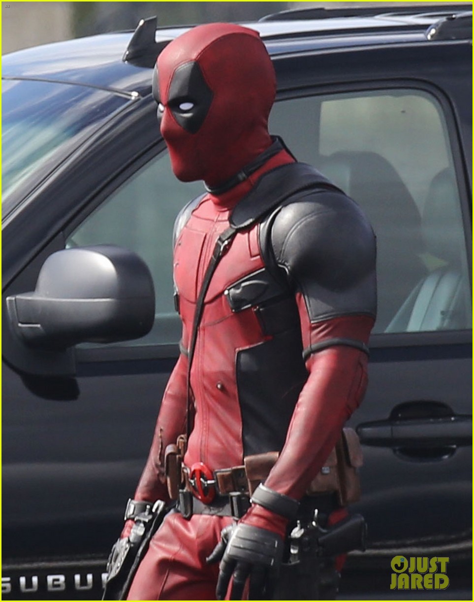 Ryan Reynolds (or a stunt double) suits up to shoot some action scenes for ...