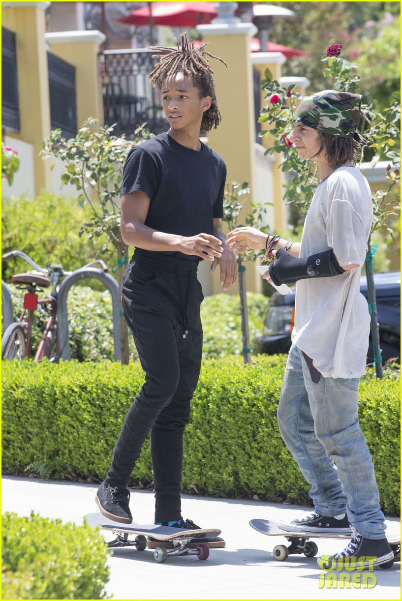 Jaden Smith goes shirtless while skateboarding with pal Moises Arias on Sun...