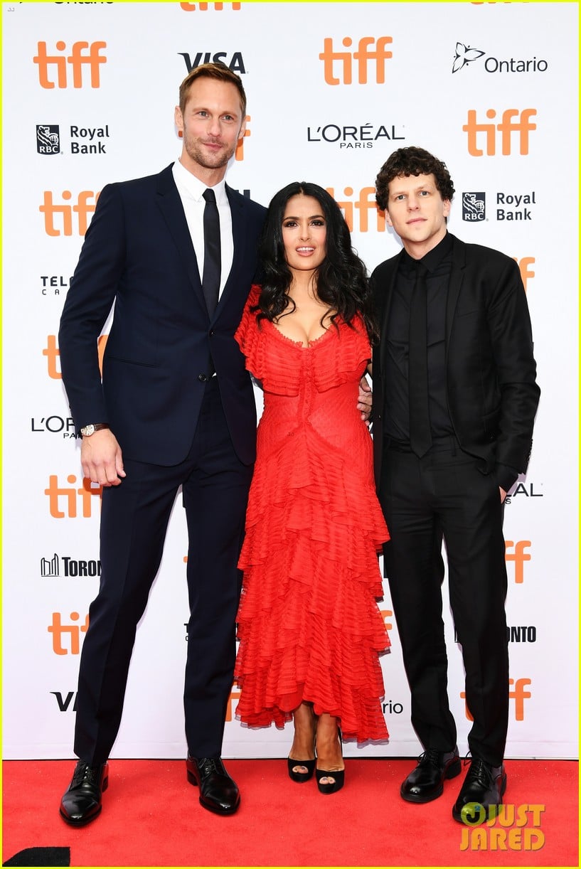 Salma Hayek Joins Alexander Skarsgard & Jesse Eisenberg at 'Hummingbird Project' Premiere at