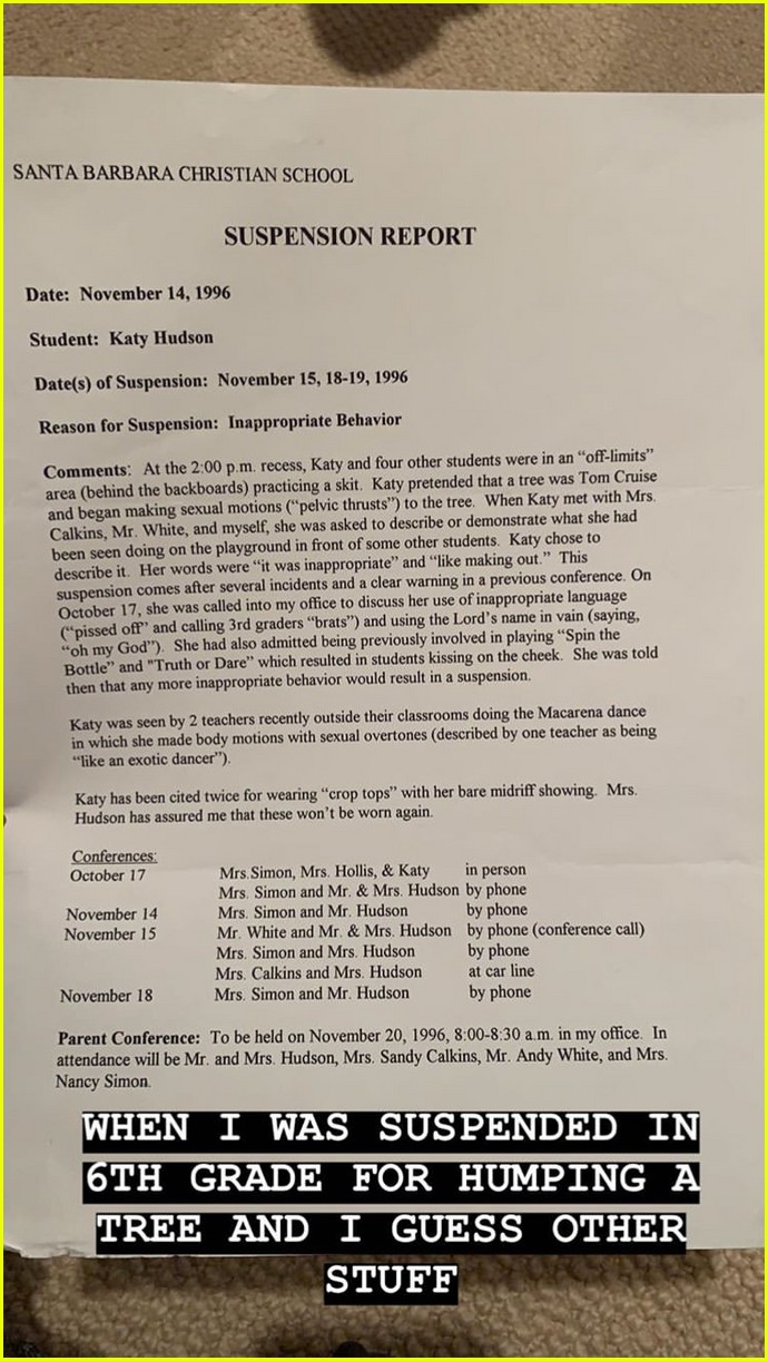 Katy Perry Reveals She Was Once Suspended From School for 'Making Sexual Motions' at a Tree