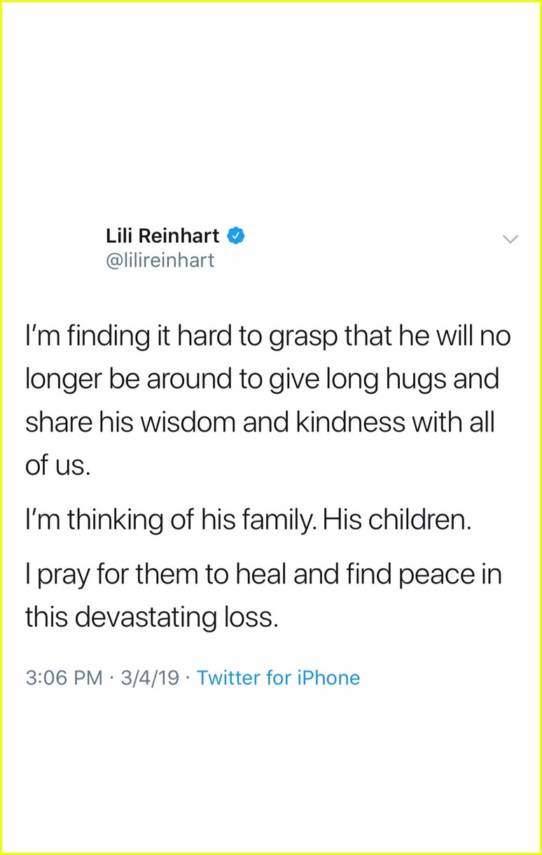 Riverdale&rsquo;s Lili Reinhart Reacts to the Death of Luke Perry: Photo