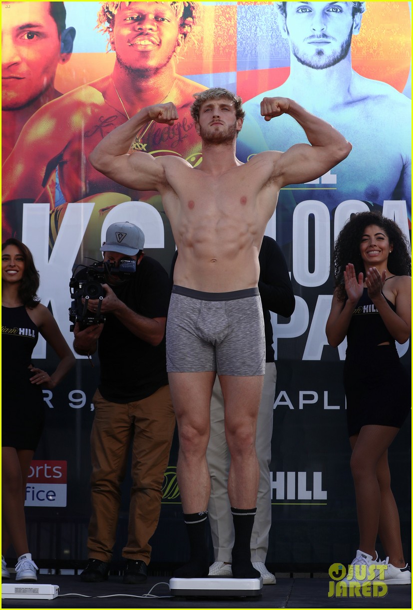 Logan Paul and KSI pose in their underwear on the scale at their weigh-in a...