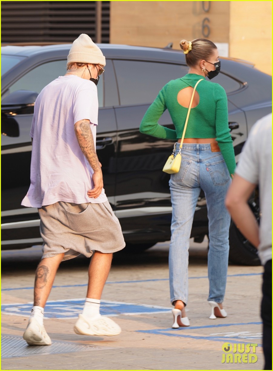 Hailey Bieber Looks Chic in Green Crop Top & Jeans at Dinner with