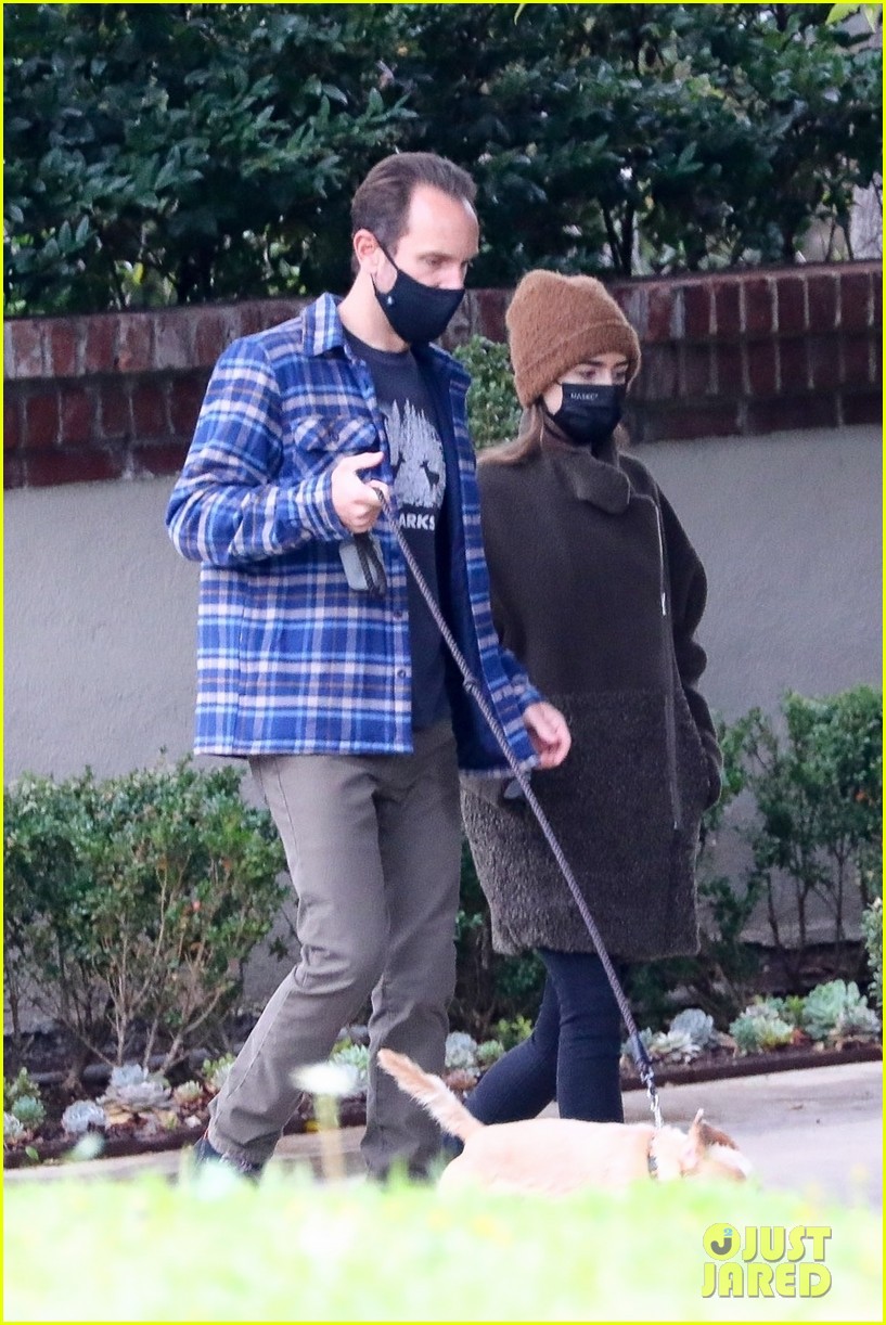 lily collins charlie mcdowell mask up walking dog 034519611