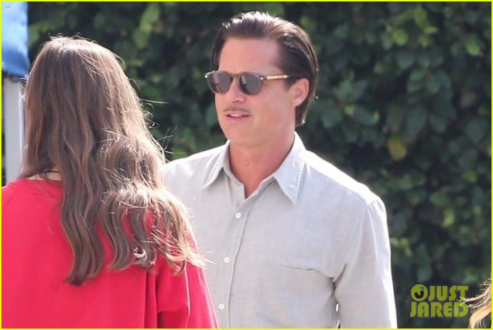 Brad Pitt Sports SlickedBack Hair & Mustache on the Set of 'Babylon