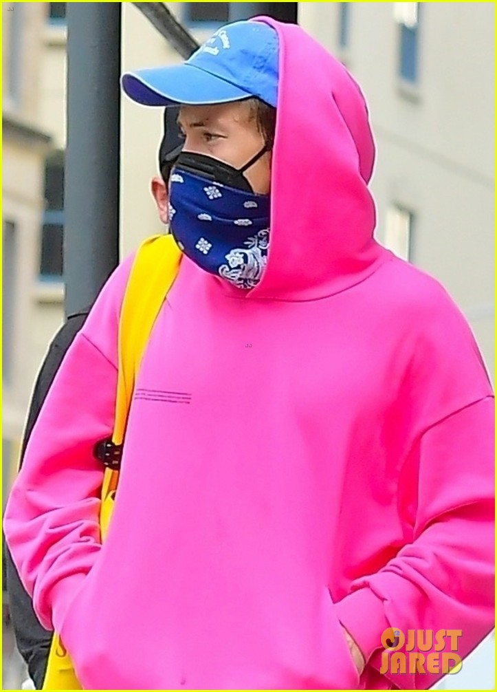 harry styles sports bright pink hooding while hanging out with friends 044637776