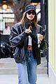 hailey bieber looks cool in leather jacket shopping beverly hills 02