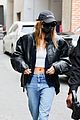 hailey bieber looks cool in leather jacket shopping beverly hills 21