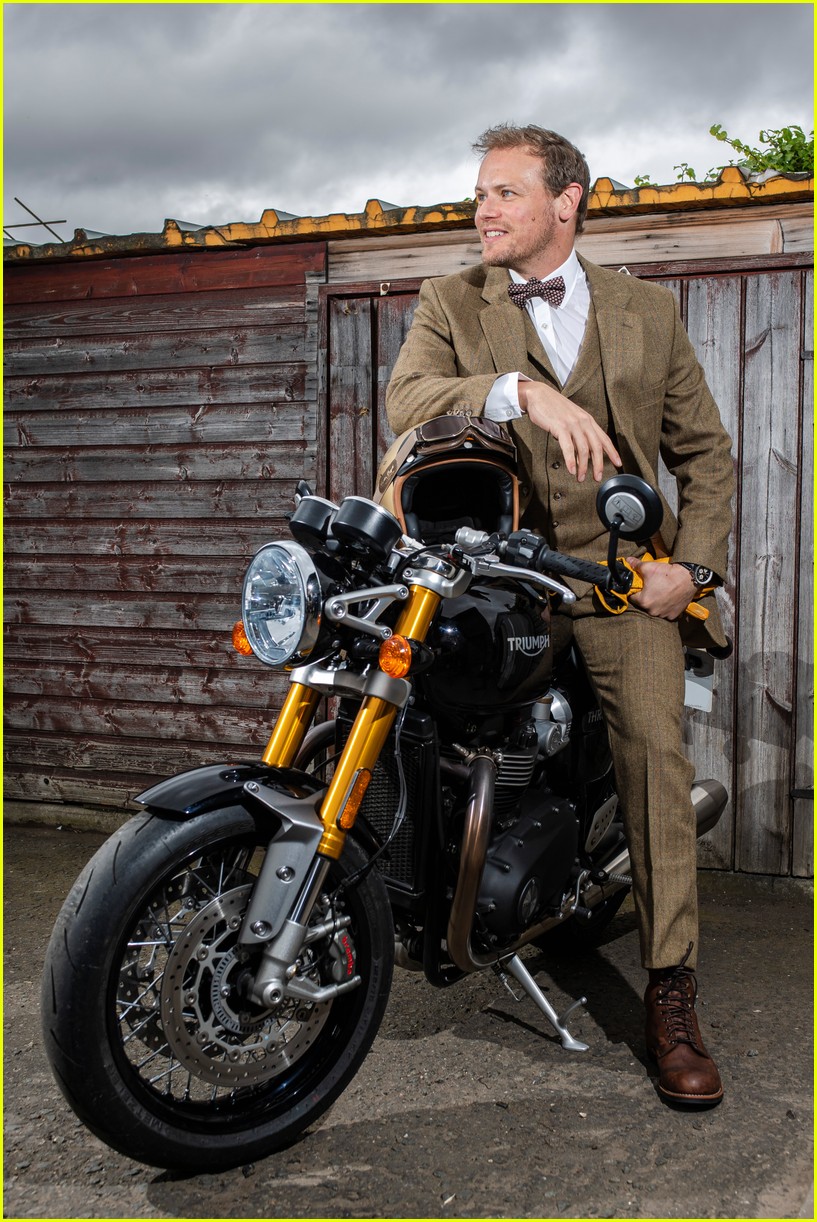 Sam Heughan Wore a Suit & Bow Tie While Riding a Motorcycle for Charity! Photo 4766013 Photos