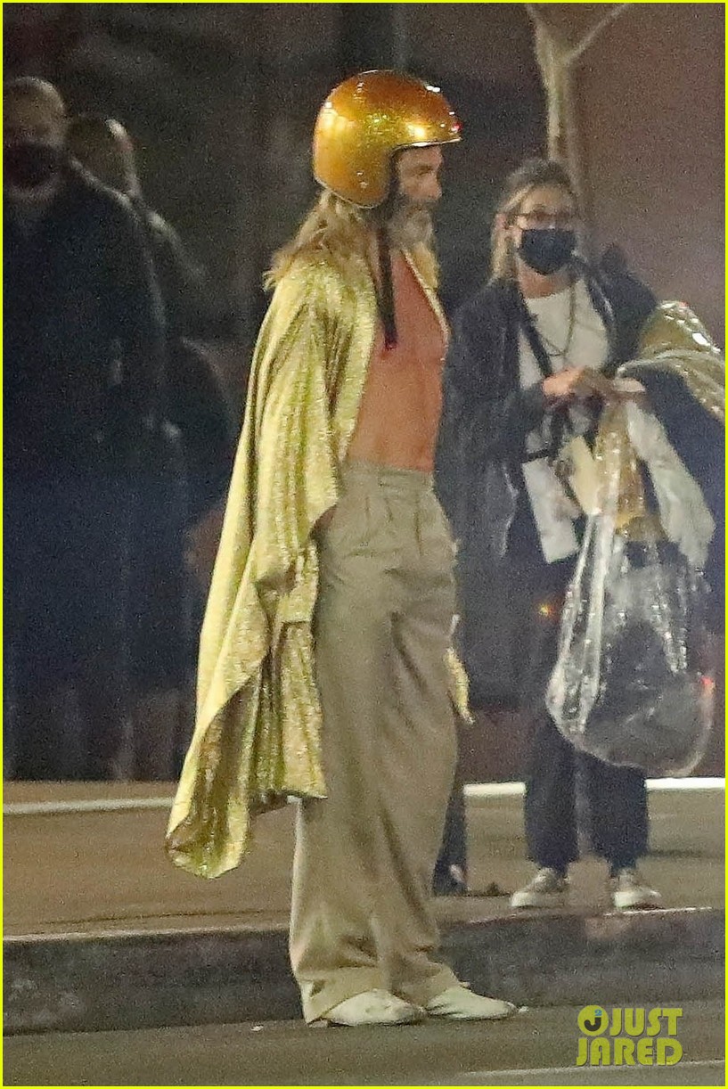 Chris Pine Goes Shirtless in a Gold Robe on the Set of 'Poolman' in