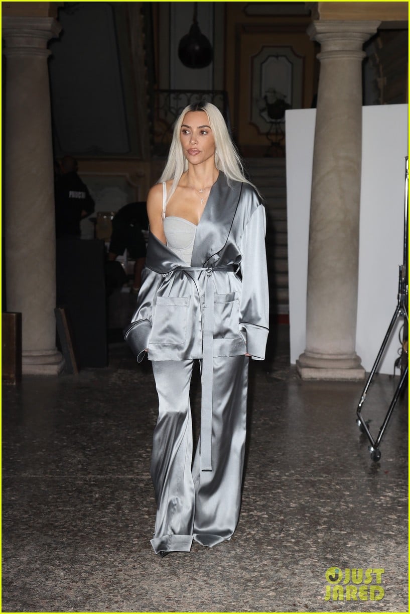 kim kardashian silver satin outfit leaving milan photo shoot 034828377