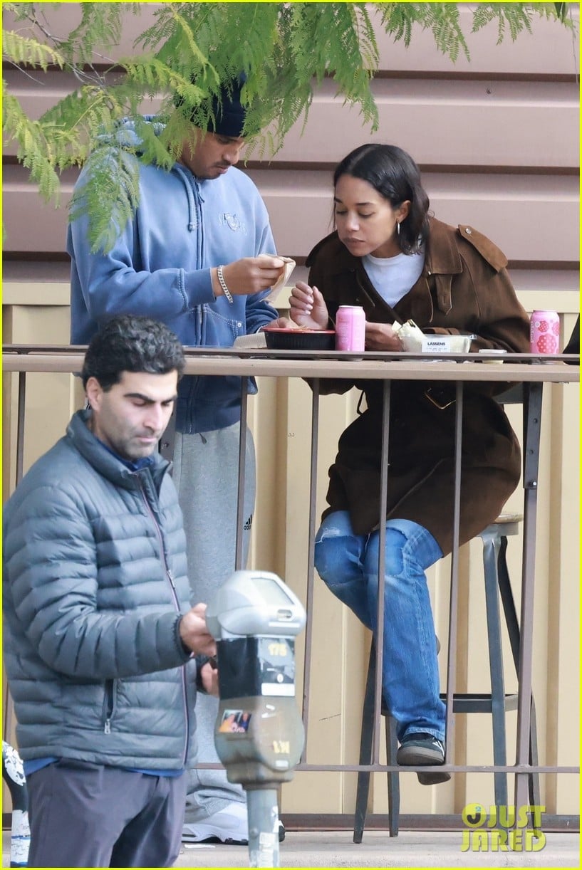 Laura Harrier's Fiance Sam Jarou Showers Her With Kisses During Lunch