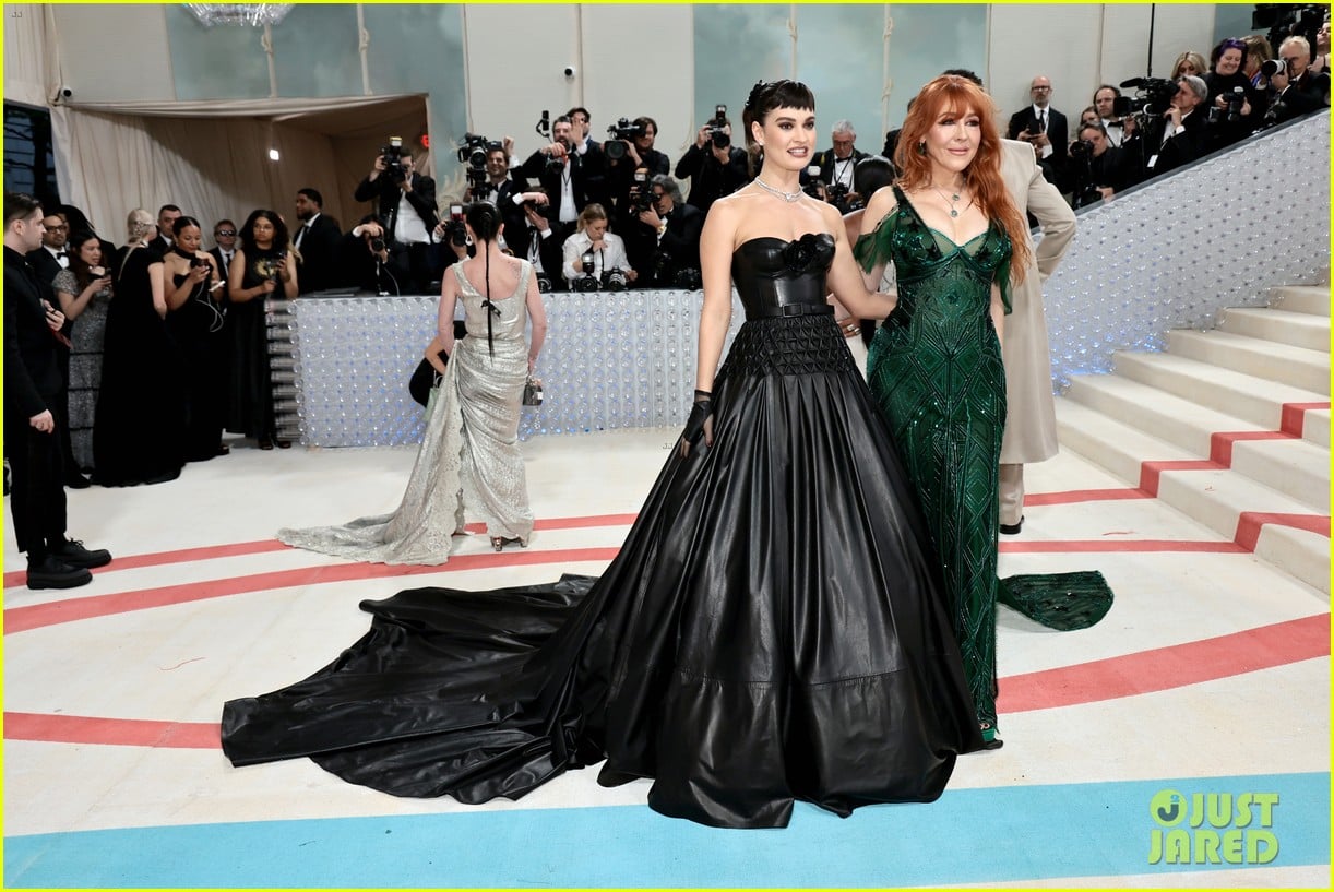 Lily James Wears Black Leather Gown to Met Gala 2023 Photo 4927767 Photos Just Jared