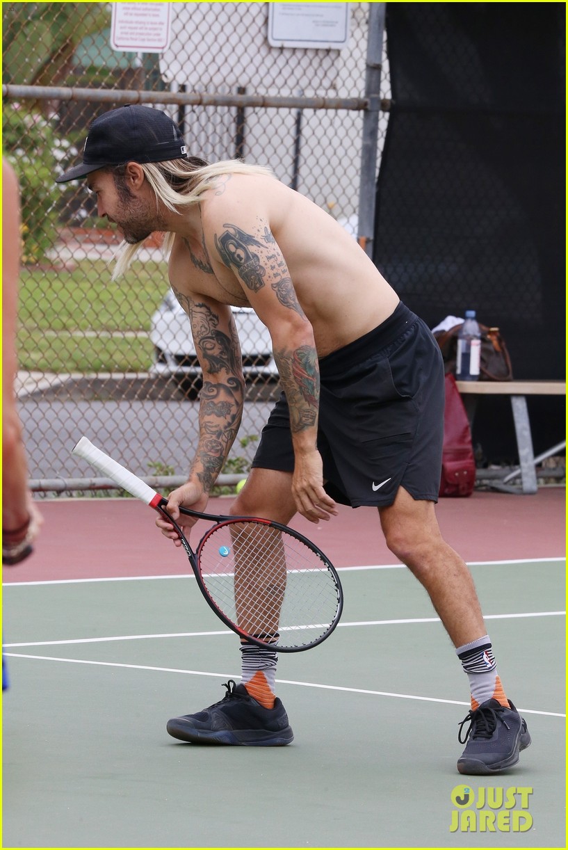 Shirtless Pete Wentz Enjoys a Tennis Match, Shows Off His Long Blonde