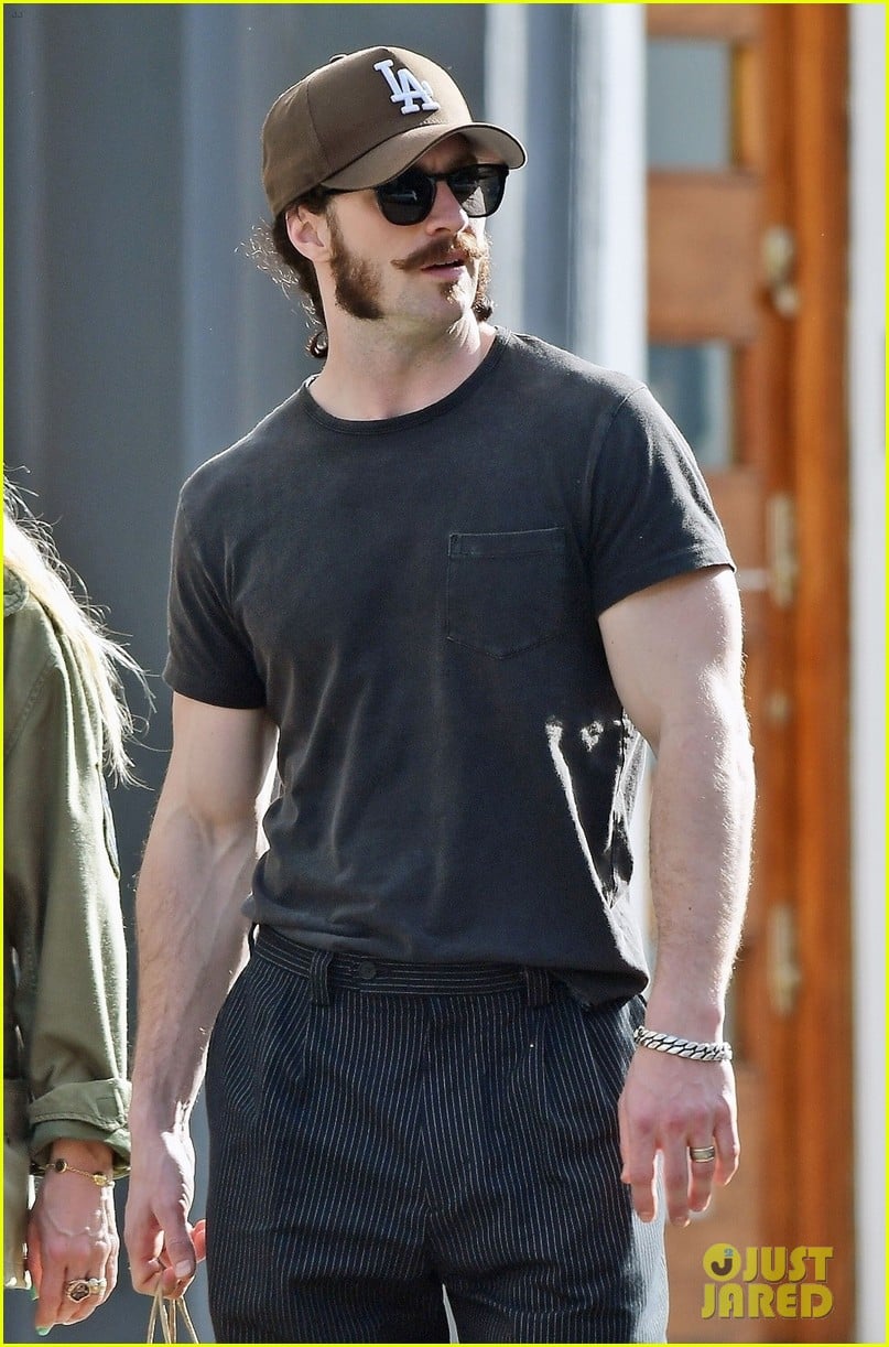 Aaron TaylorJohnson Sports Handlebar Mustache & Beard Chops During Day