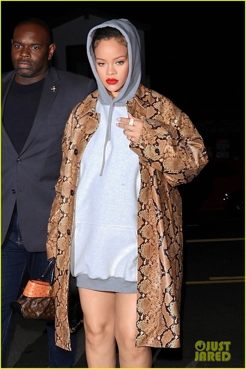 Rihanna Pairs SnakeskinPrint Coat with Hoodie for Night Out in Santa(02)