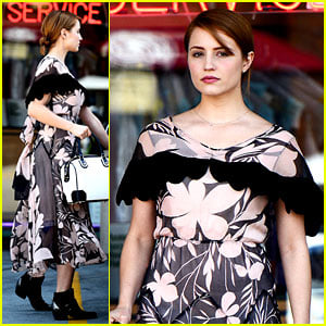 Dianna Agron Wears Floral Dress with Cape to AT&T Store