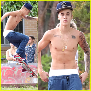 Justin Bieber: Shirtless Skateboarding in Sydney Skate Park!