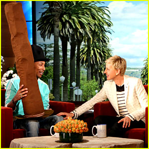 Ellen DeGeneres Gives Pharrell Williams One Super Tall Hat!