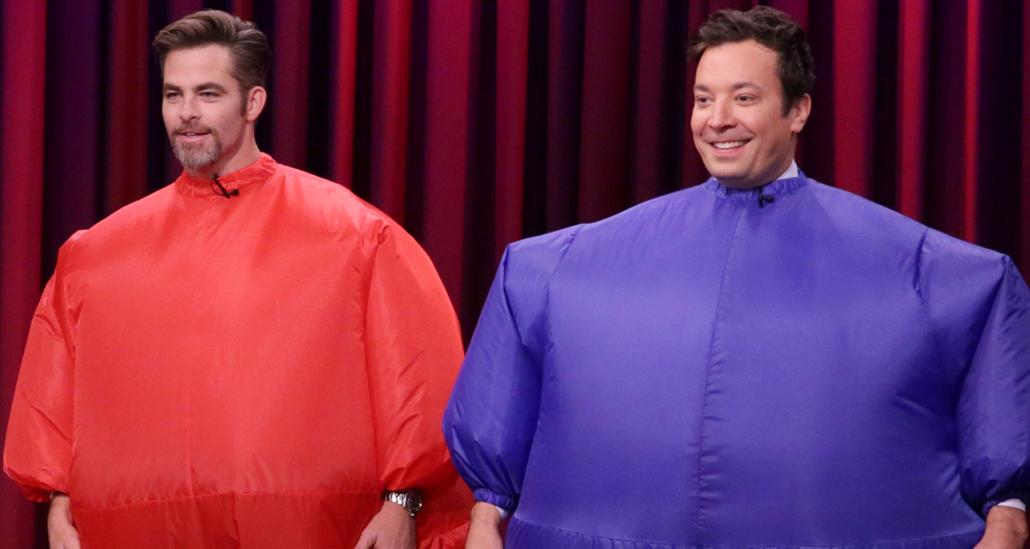 Chris Pine Plays Flip Cup With Jimmy Fallon In Inflatable Fat Suits