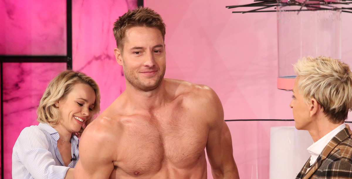 Justin Hartley shows off his shirtless buff body while getting ready to pla...