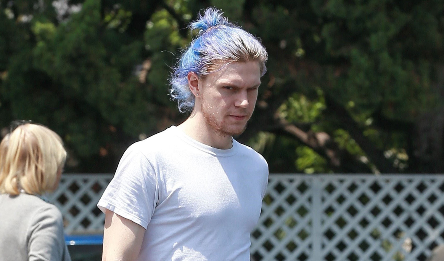 Evan Peters Shows Off His Blue Hair in Beverly Hills.