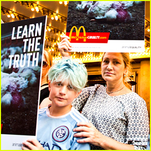 Edie Falco & Son Anderson Protest McDonald's in Times Square