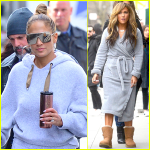 Jennifer Lopez Heads to Hair & Makeup on 'Hustlers' Set