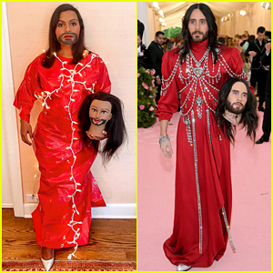 Mindy Kaling Recreates Jared Leto's Two-Headed Met Gala Look With a Tarp, Lights, & Packing Tape