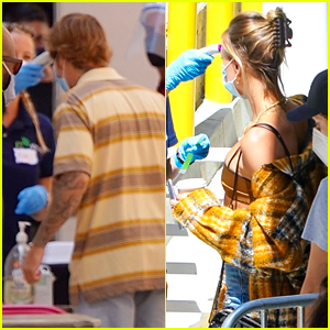 Justin & Hailey Bieber Get Their Temperatures Checked While Arriving at a Studio