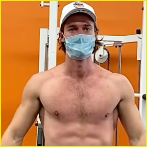 Patrick Schwarzenegger Bares His Abs & Wears a Mask During Workout
