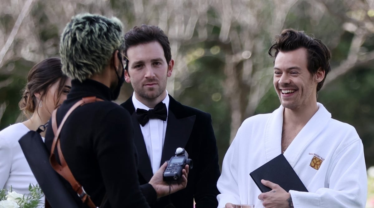 Harry Styles Wore a Bathrobe & Slippers for His Manager’s Wedding