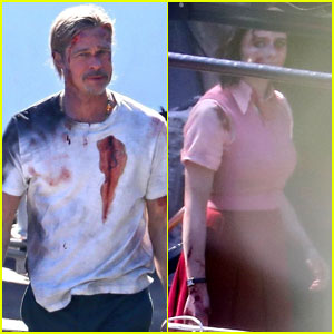 Brad Pitt Looks Bloody & Bruised on 'Bullet Train' Set Alongside Joey King!