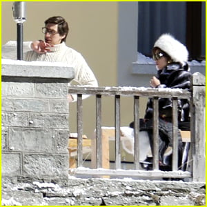 Lady Gaga Wears A White Fur Hat To Film 'House of Gucci' with Adam Driver